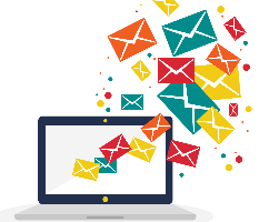 Image of monitor with envelopes flying out to support our email marketing service